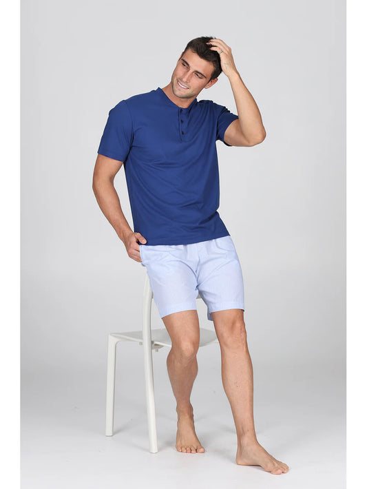 Pigiama corto serafino in popeline e jersey bluette, per un comfort contemporaneo Julipet