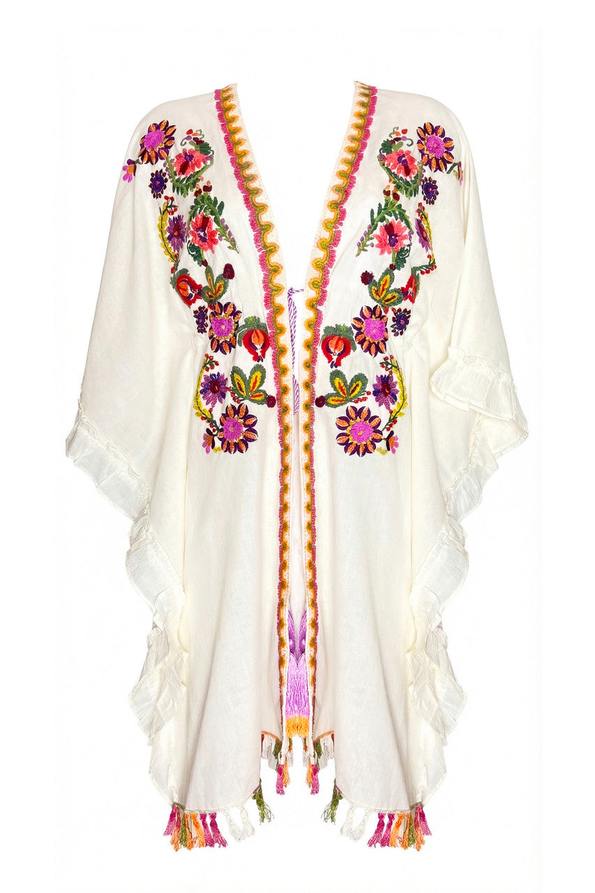 Poncho con frange Folk con ricami e mappine Miss Bikini