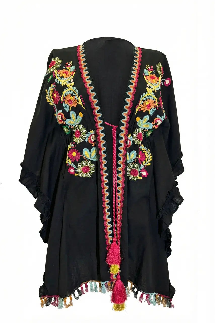 Poncho con frange Folk con ricami e mappine Miss Bikini