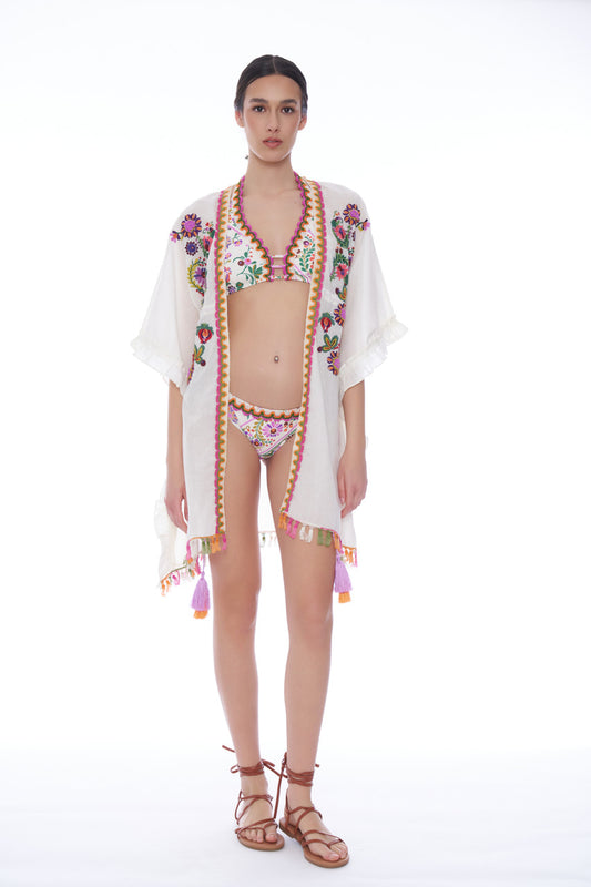 Poncho con frange Folk con ricami e mappine Miss Bikini